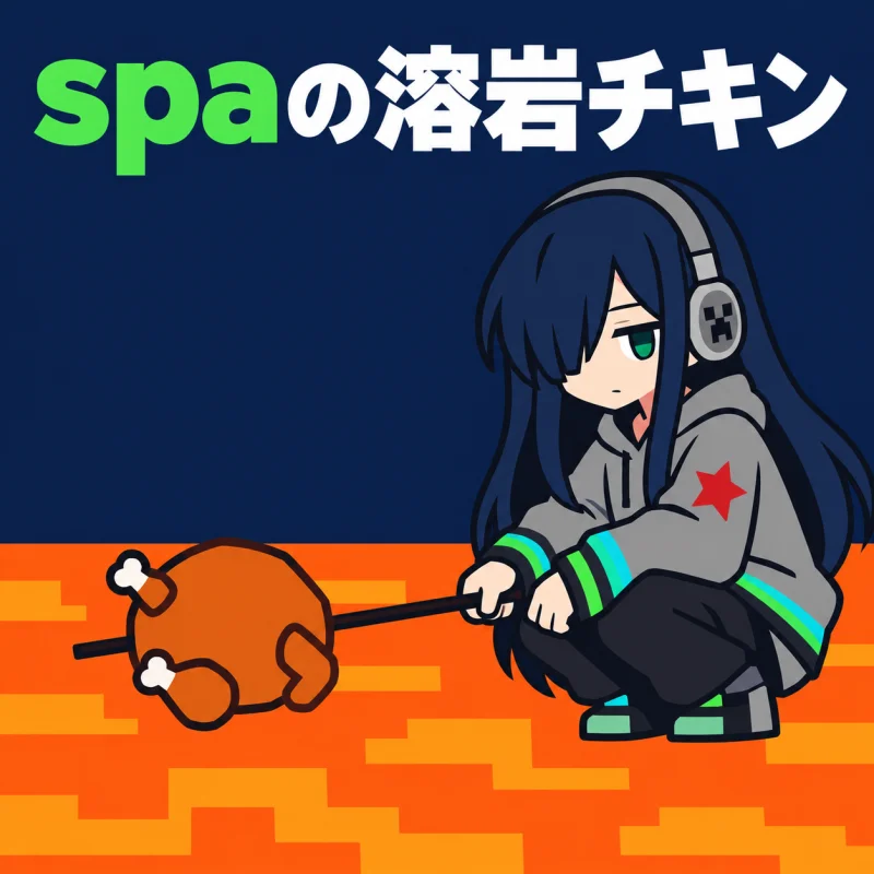 spaの溶岩チキンのポスター。濃紺の夜空とオレンジ色の溶岩を背景に、フードつきの上着を着た少女が串に刺したチキンを焼いている