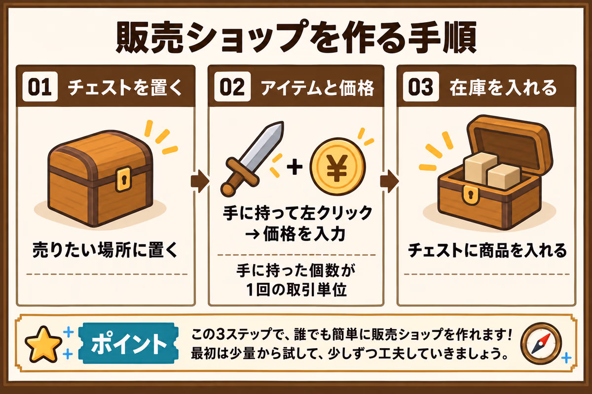 販売ショップを作る手順を示す図解。チェスト、売りたいアイテム、価格、在庫を設定する